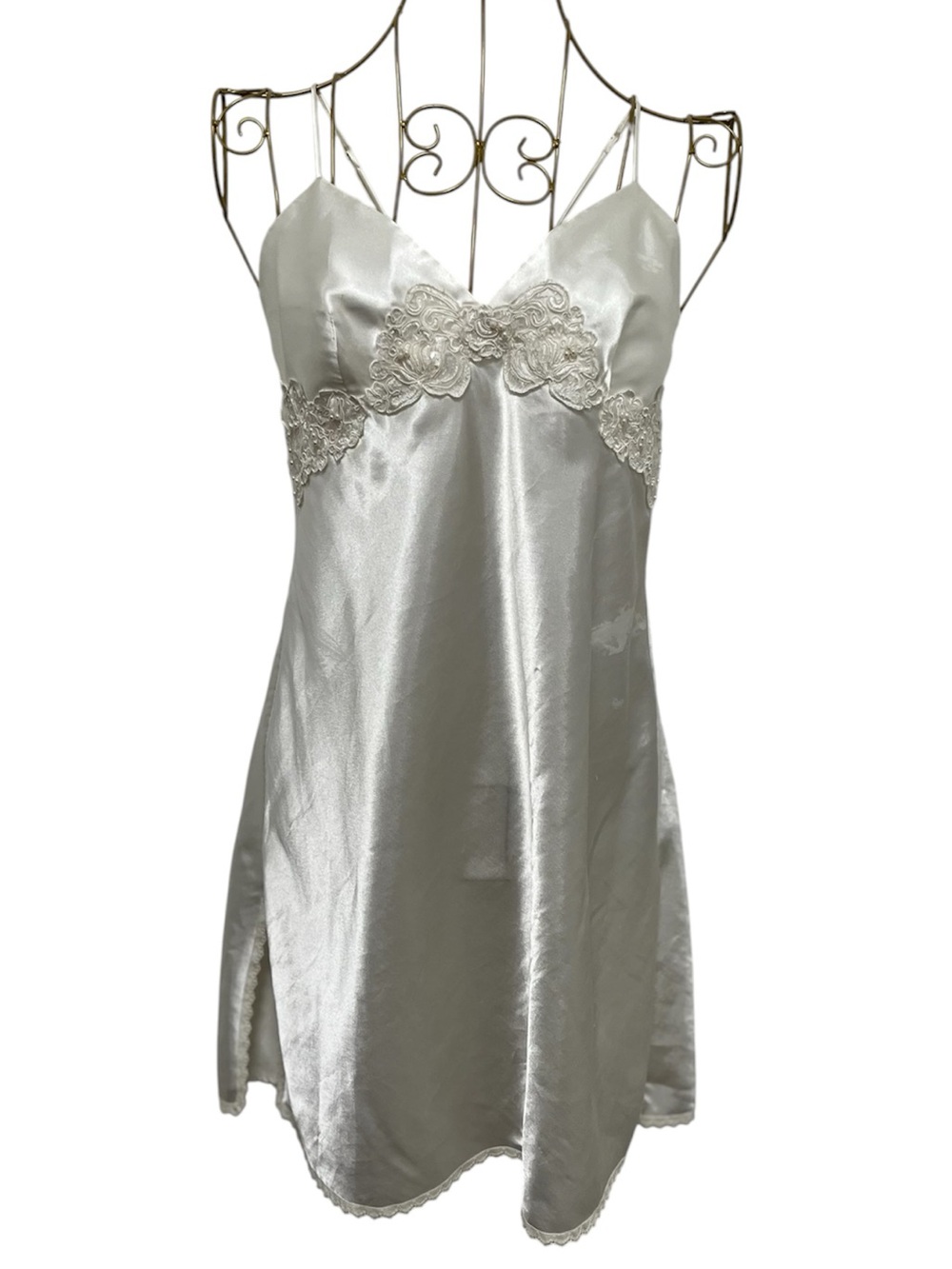 Vintage Victorias Secret White Satin Nightgown Pearl Beaded Size Small